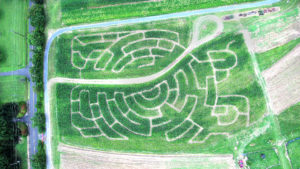 Aerial shot of family-friendly corn maze in Doylestown, PA
