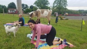 woman with goat on her back at yoga session