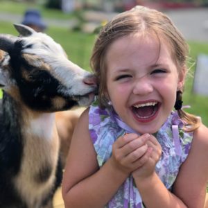 Smiling girl and a cute goat at Bucks county goat petting zoo