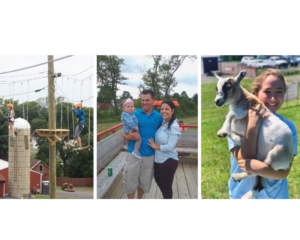 Grid image of ropes course, family-friendly hay ride, and goat experience