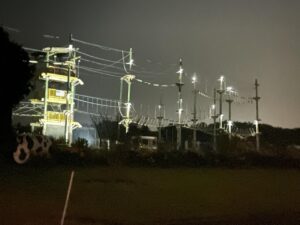 Ropes course at night with lights