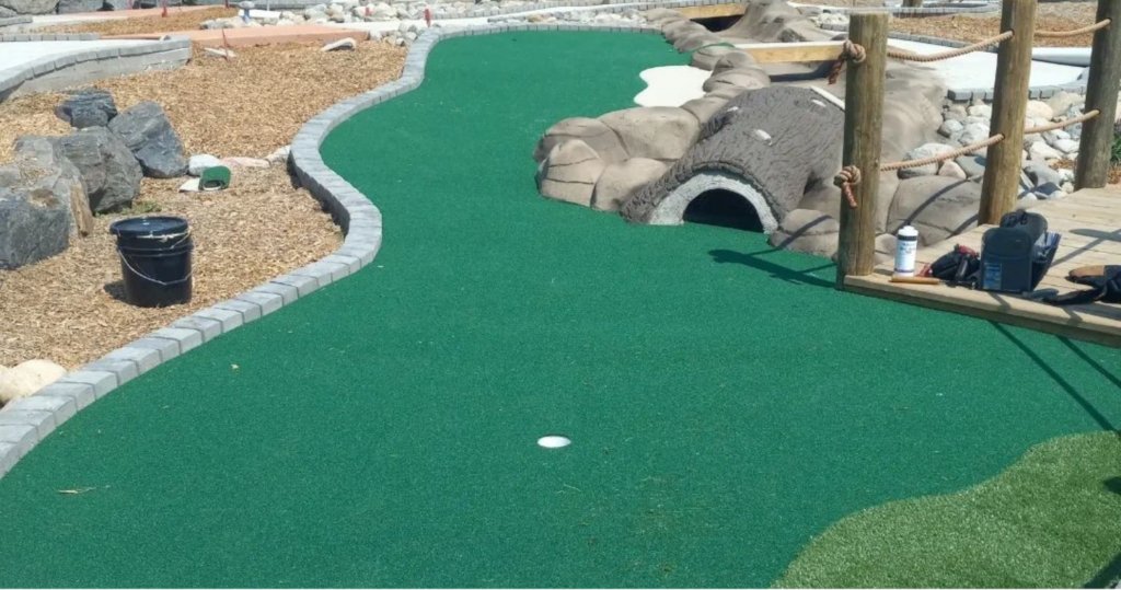 A shot of one of the 18-holes of Hellerick's Adventure Farm's new barnyard mini gold course.